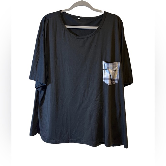 Tops - New Women's Black Polyester T-Shirt With Plaid Pocket Size 4XL
